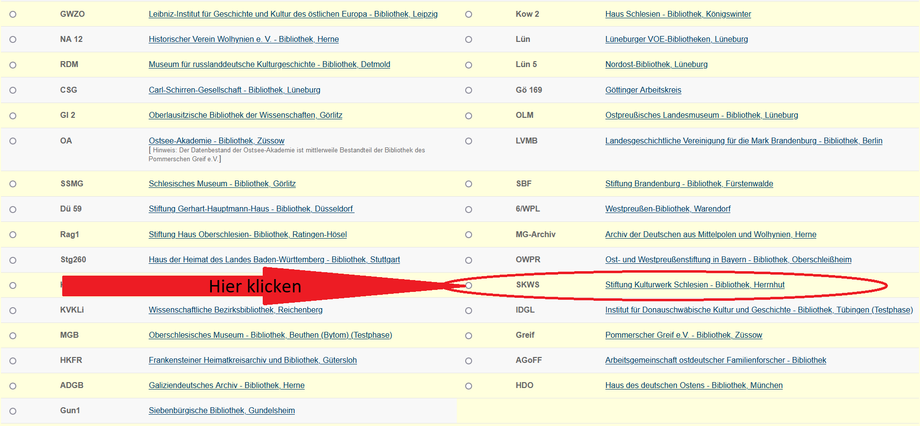 Bild der Bibliothekskataloge die im VOE zusammengefasst sind. Um in den Beständen der SKWS zu suchen bitte diesen Katalog per Klick auswählen.